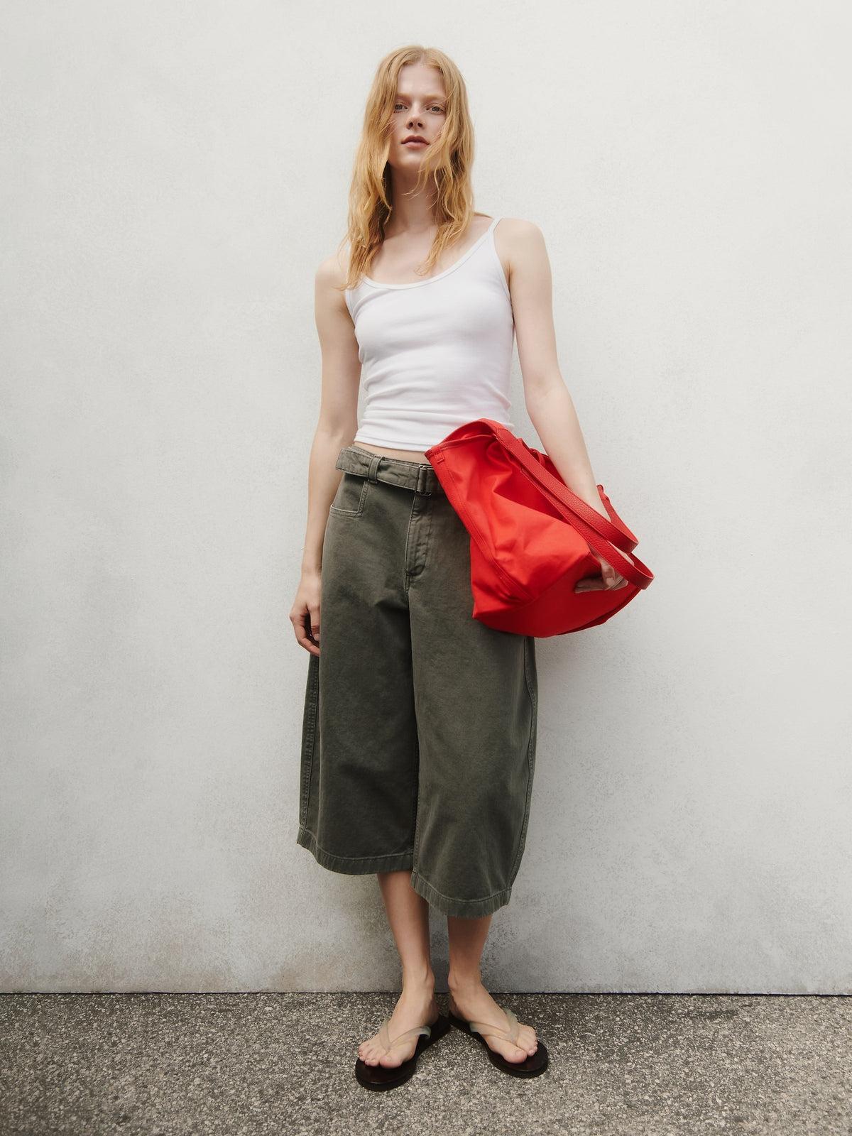 Mid Rise Belted Culotte Barrel Pants - Black moss green