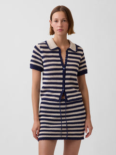 100% Cotton Crochet Relaxed Sweater Shirt - Navy blue stripe