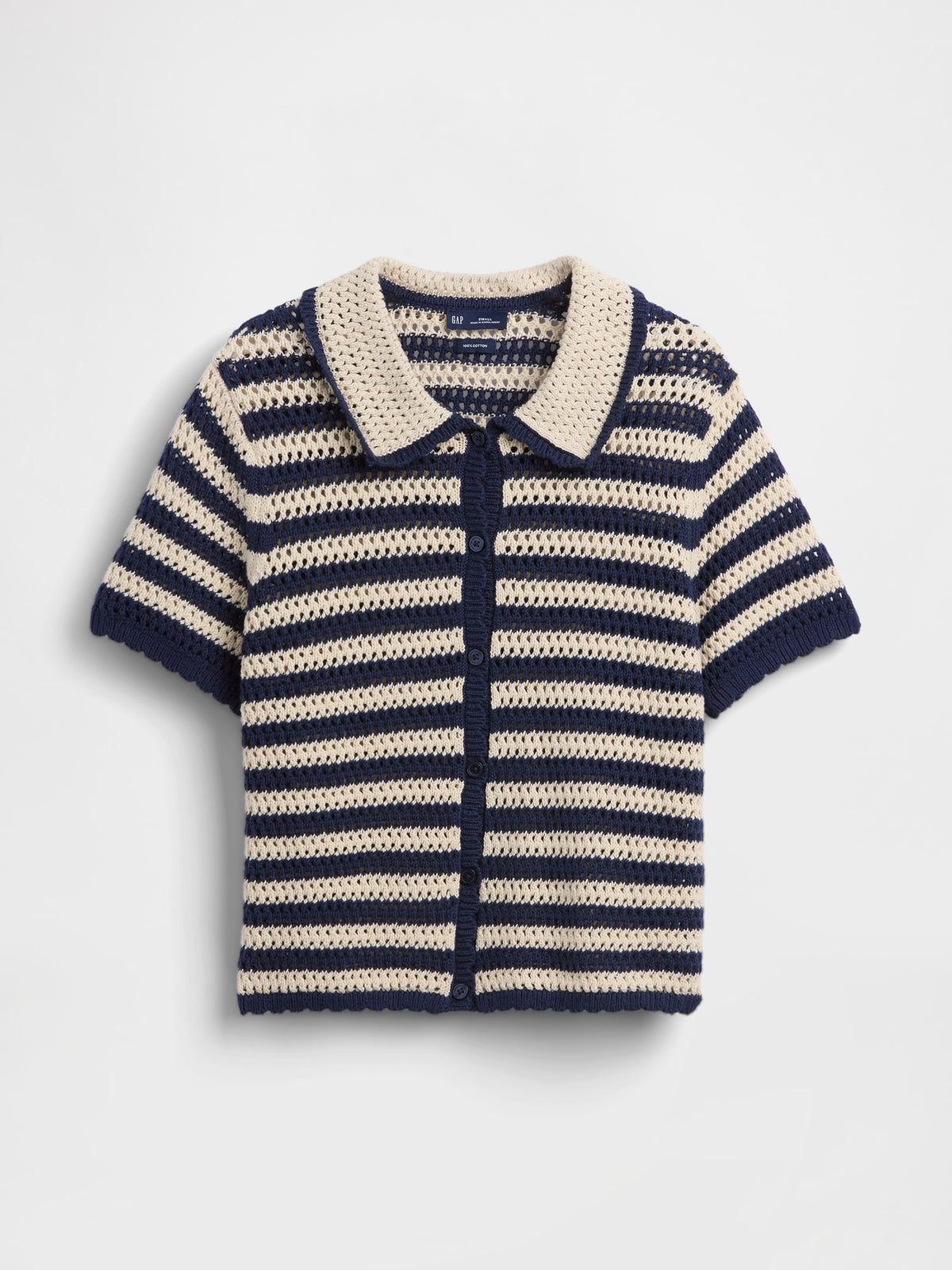100% Cotton Crochet Relaxed Sweater Shirt - Navy blue stripe