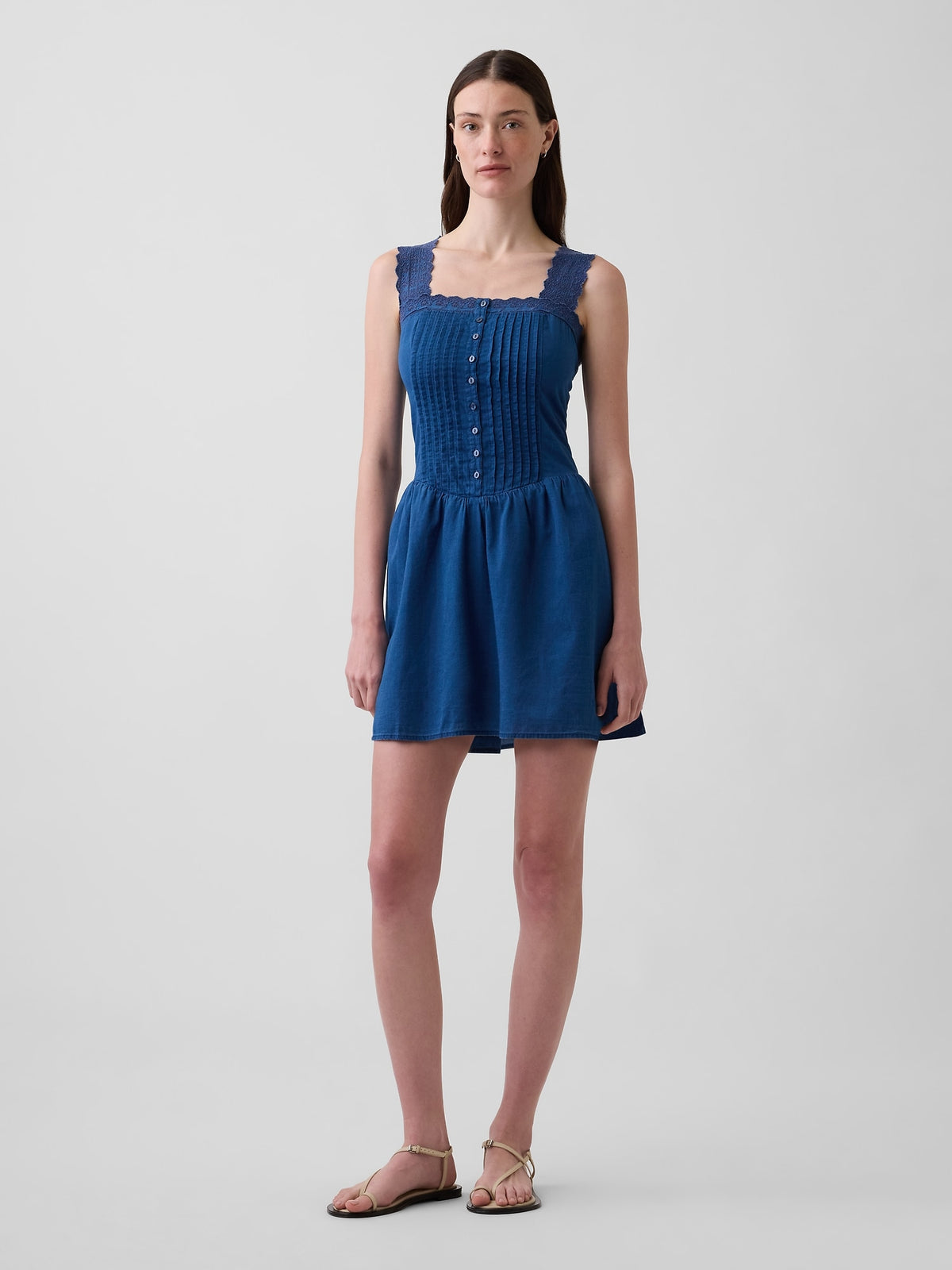 Pintuck Drop-Waist Mini Dress - Medium wash