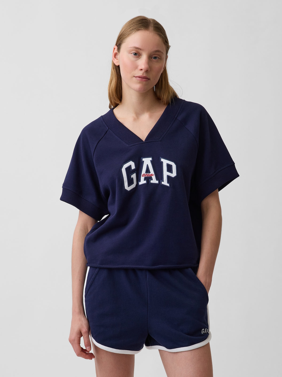 French Terry Oversized Gap Logo V-Neck Sweatshirt - navy uniform