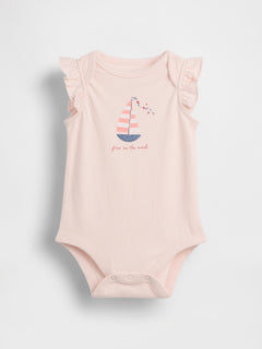 Gap Baby Organic Cotton Graphic Bodysuit in Barely Pink, front view with sailboat graphic and ruffled sleeves