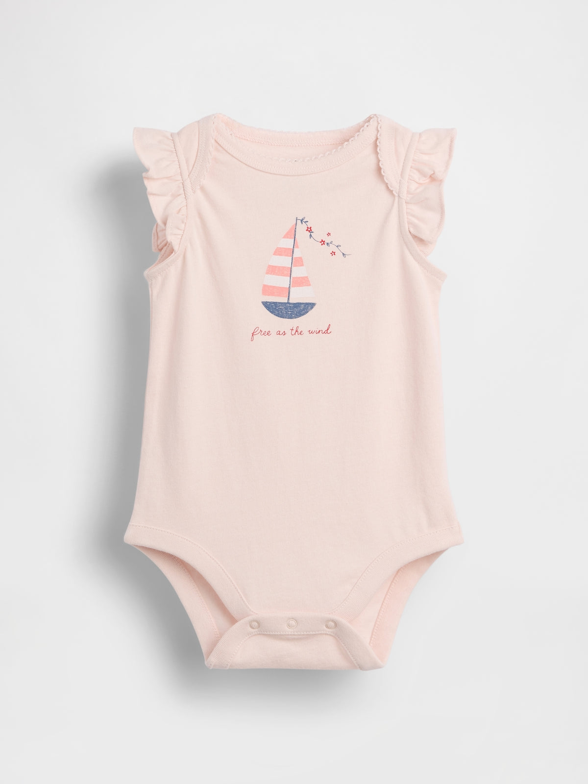 Gap Baby Organic Cotton Graphic Bodysuit in Barely Pink, front view with sailboat graphic and ruffled sleeves