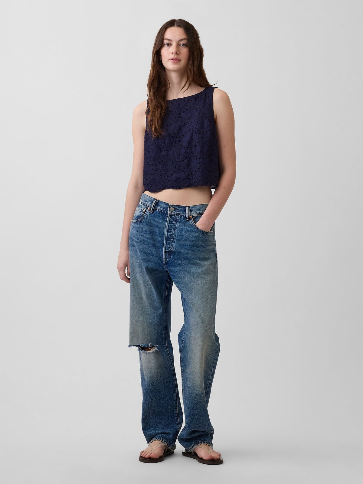 Eyelet Crop Shell Tank Top - Navy blue uniform