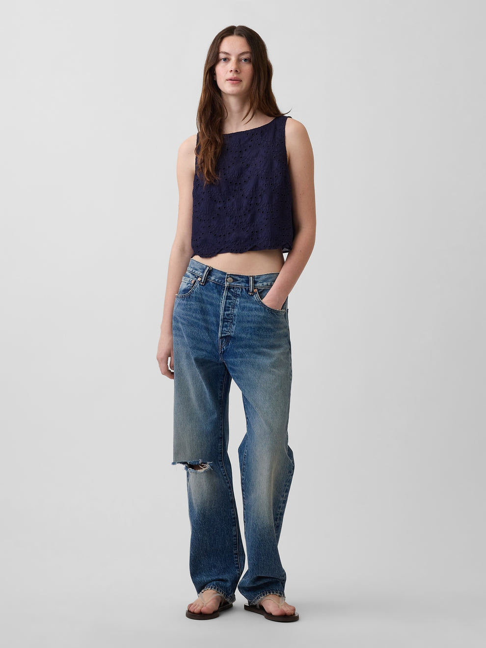 Eyelet Crop Shell Tank Top - Navy blue uniform