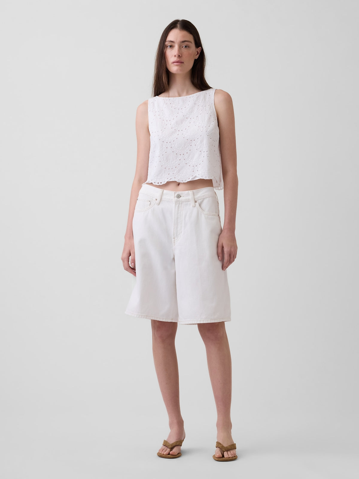Eyelet Crop Shell Tank Top - Fresh white