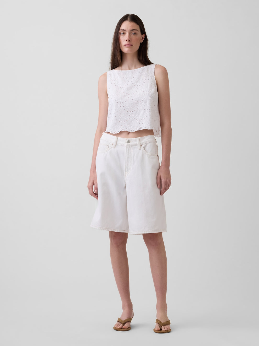 Eyelet Crop Shell Tank Top - Fresh white