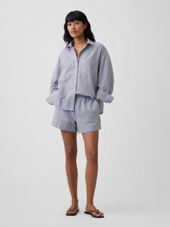 Oversized Shirt in Seersucker in Navy Stripe - full-length styled view