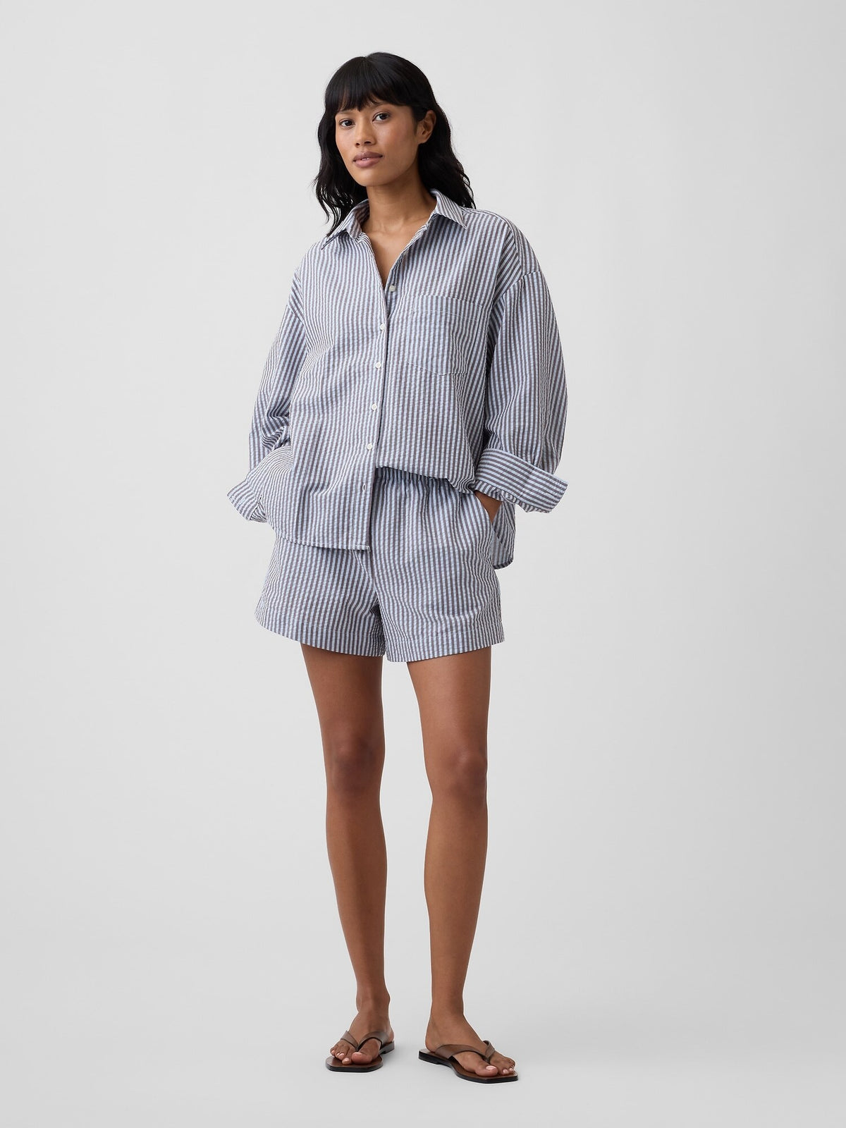 Oversized Shirt in Seersucker in Navy Stripe - full-length styled view