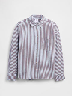 Oversized Shirt in Seersucker in Navy Stripe - flat-lay front view