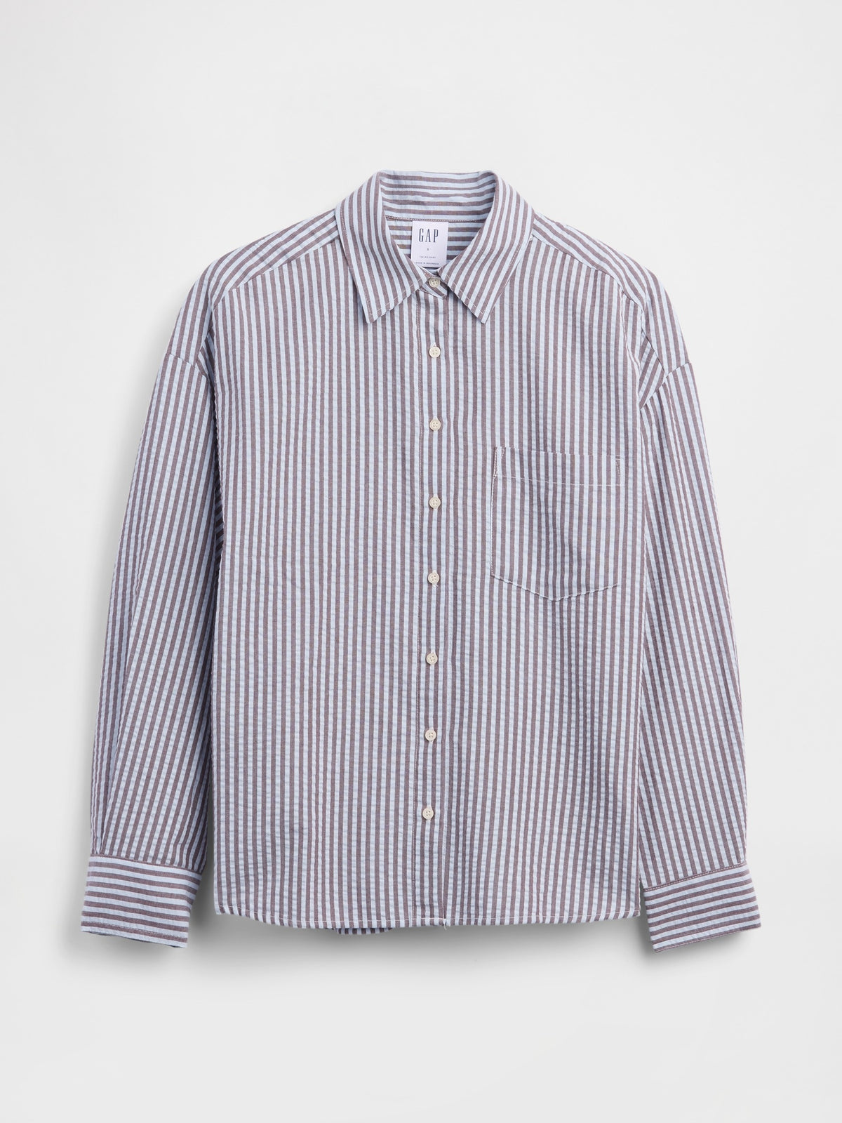Oversized Shirt in Seersucker in Navy Stripe - flat-lay front view
