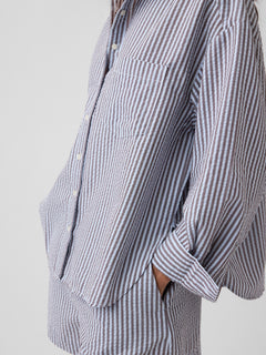 Oversized Shirt in Seersucker in Navy Stripe - striped fabric, chest pocket and cuff detail