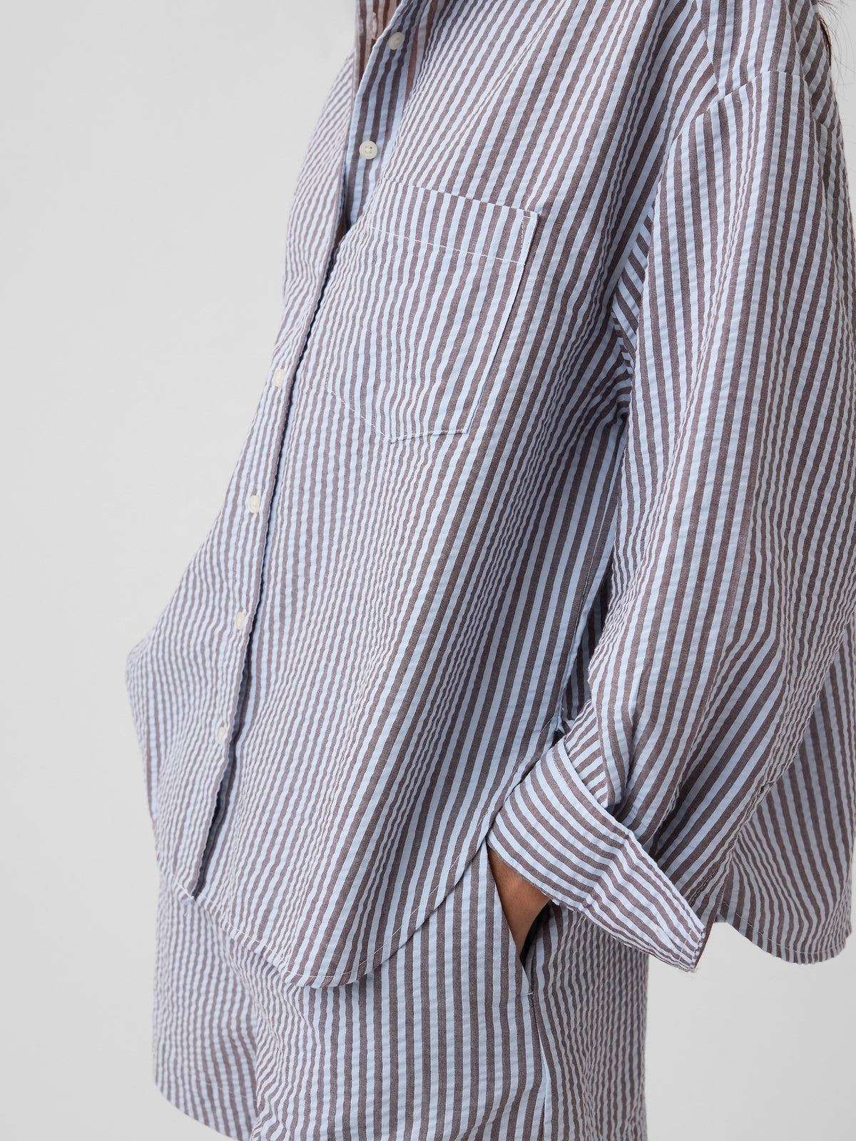 Oversized Shirt in Seersucker in Navy Stripe - striped fabric, chest pocket and cuff detail