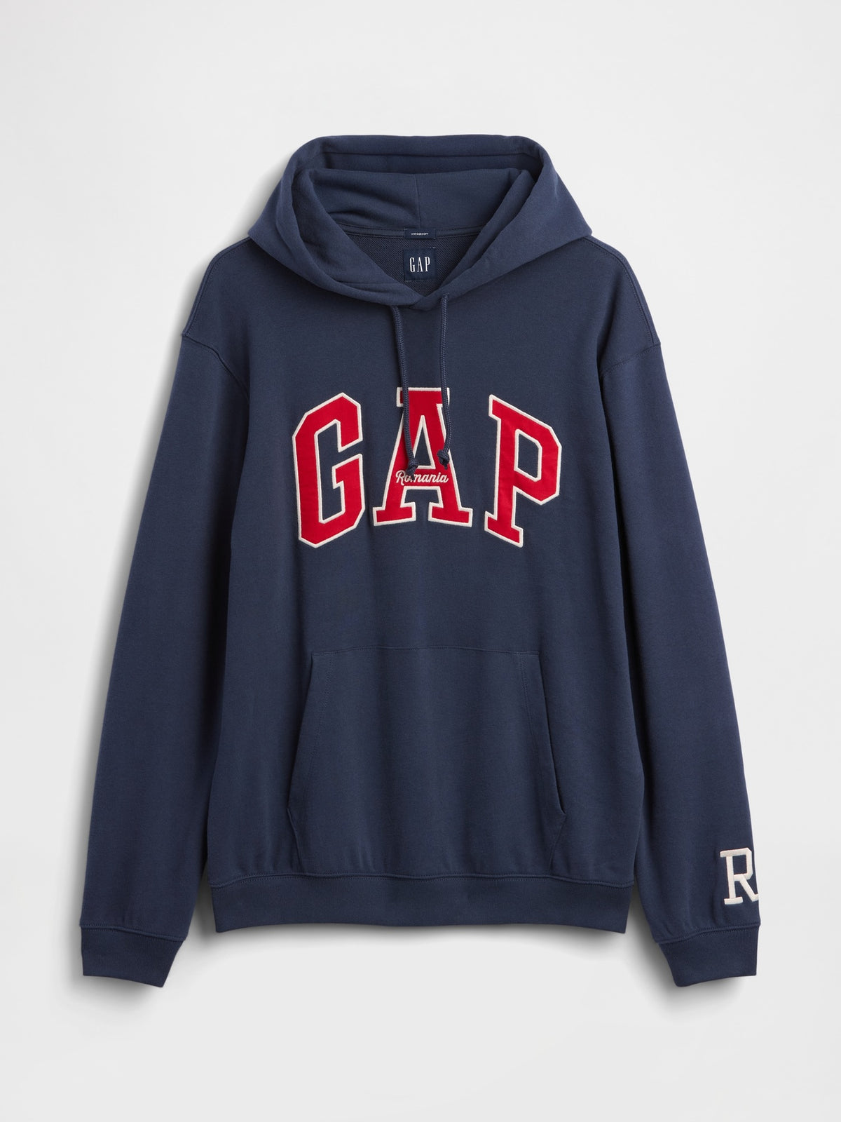 Gap VintageSoft Romania Logo Hoodie in vintage navy, product-only front view