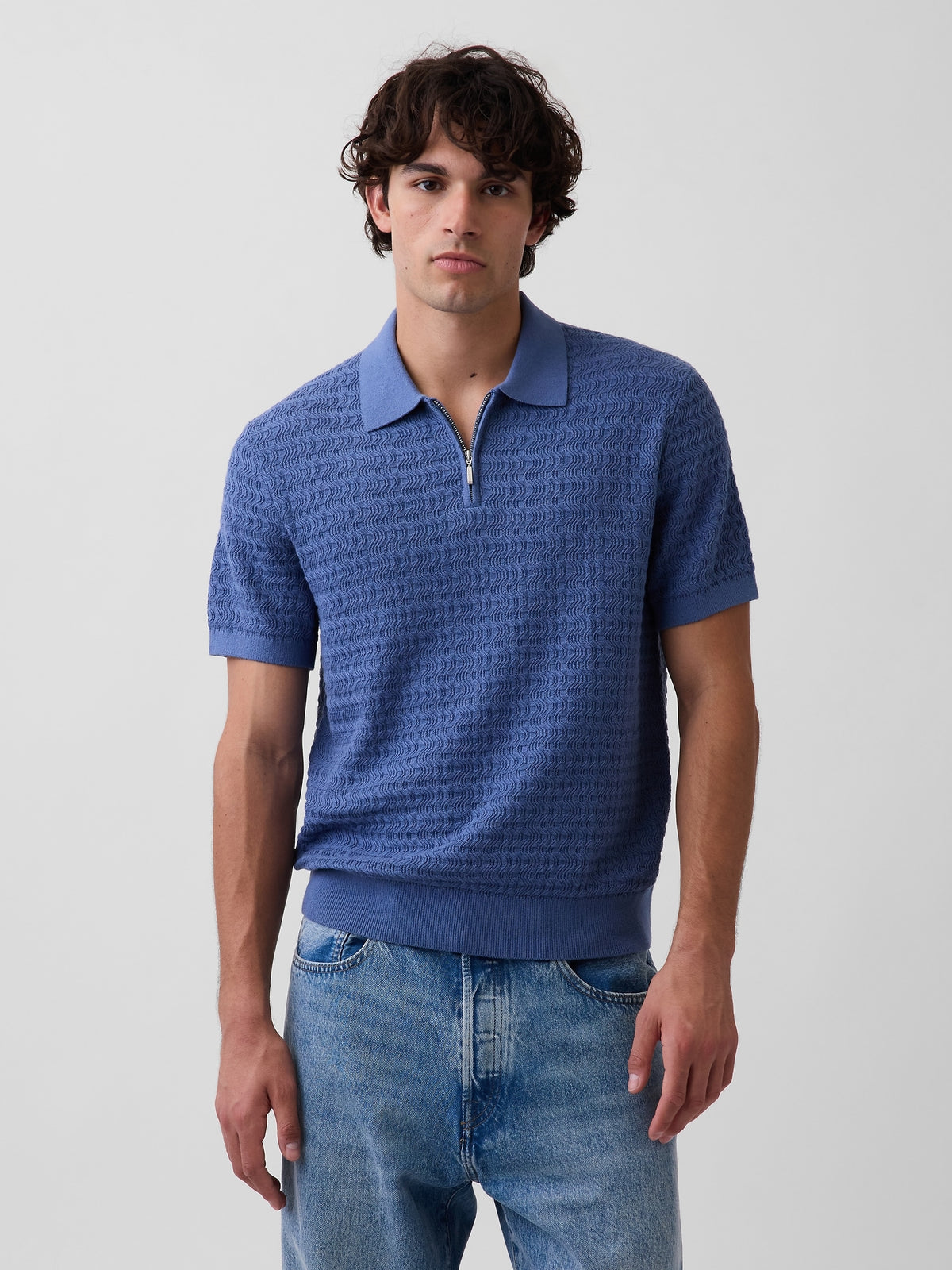 Gap Textured Zip Polo Sweater Shirt in Bainbridge blue, front view on a model