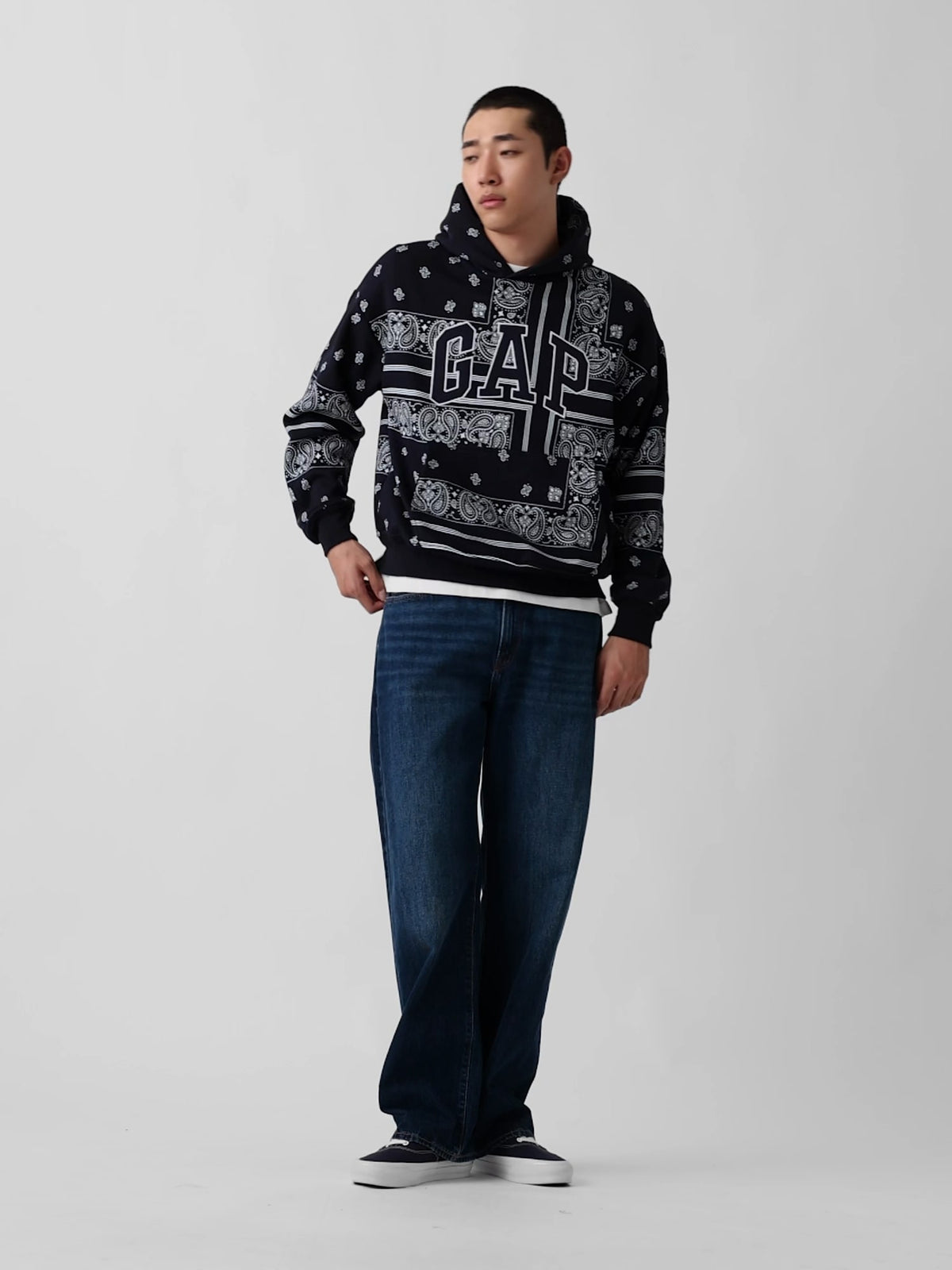 Adult VintageSoft Bandana Oversized Logo Hoodie in Navy Bandana — alternate full-length view
