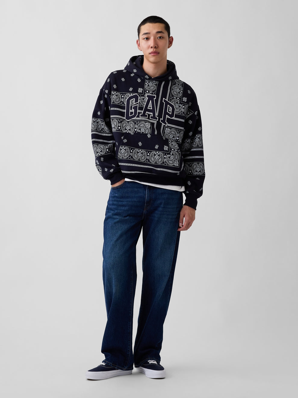 Adult VintageSoft Bandana Oversized Logo Hoodie in Navy Bandana — full-length front view