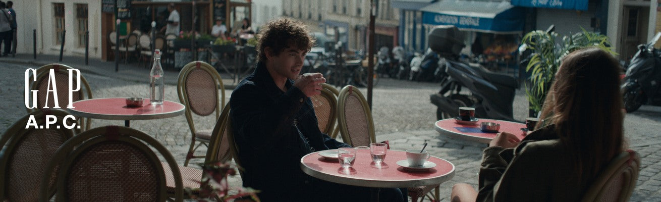 GAP x A.P.C. campaign at a Paris café